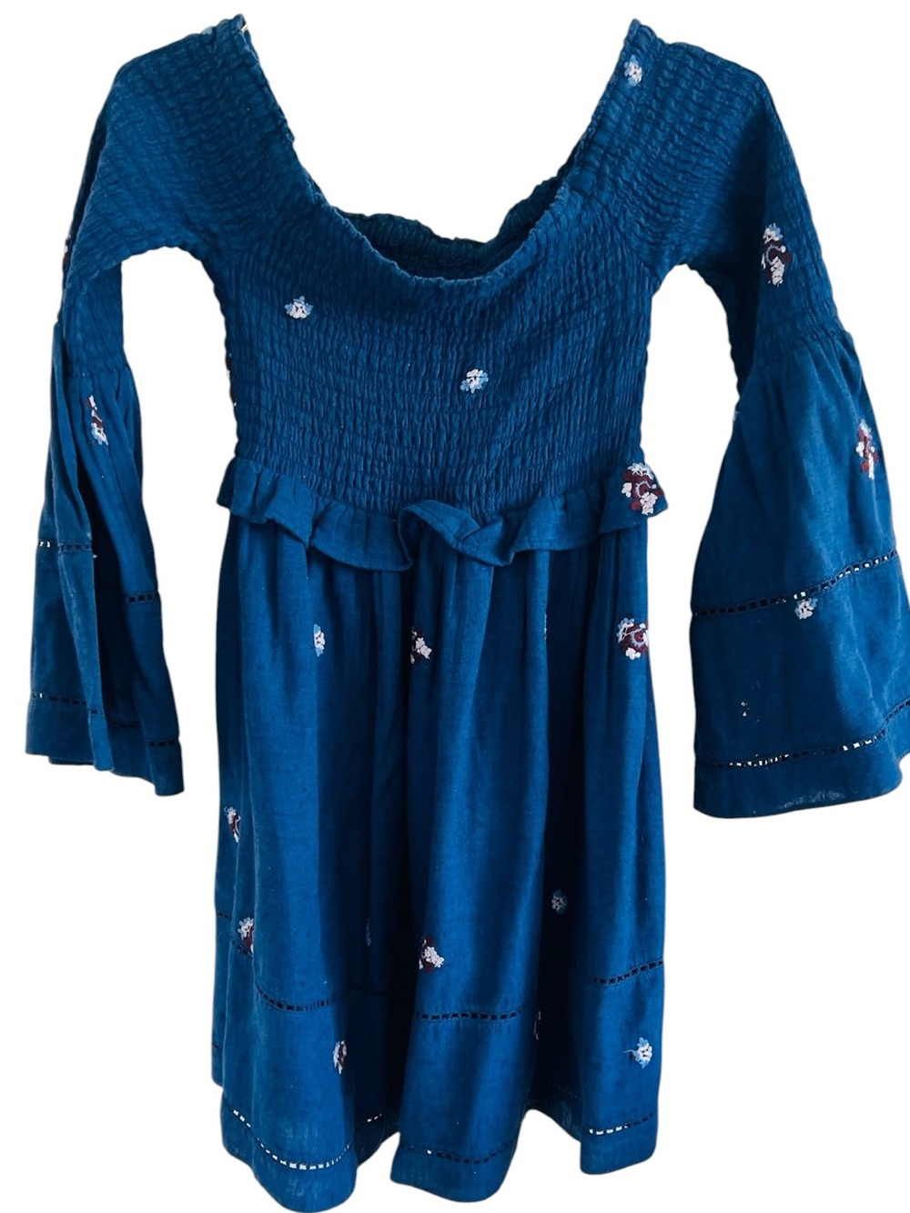 Free People Blue Smocked Embroidered Casual Dress